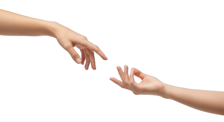 Two hands reaching, about to touch, against a dark background