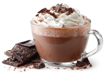 Creamy hot chocolate in a glass mug, topped with whipped cream and chocolate shavings