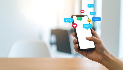 Hand Holding Black Smartphone with Floating Chat Bubbles and Social Media Icons on Wooden Table