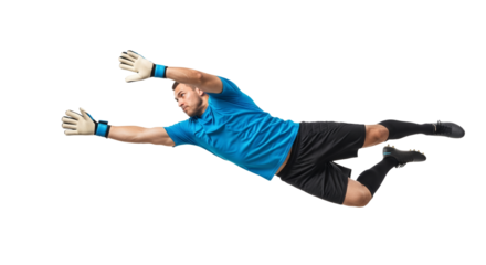 Dynamic goalkeeper extending for a save isolated, demonstrating athleticism and focus with a vibrant blue jersey and striking pose on a clean white