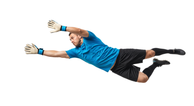 Dynamic goalkeeper extending for a save isolated, demonstrating athleticism and focus with a vibrant blue jersey and striking pose on a clean white