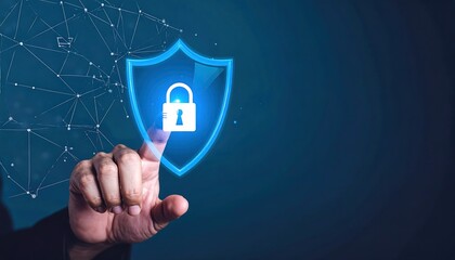Human Finger Tapping Secure Shield Icon Over Checkout Frame With Dark Teal Gradient Background