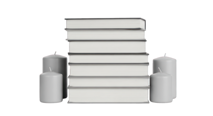 Stacked white books flanked by gray candles against a black background