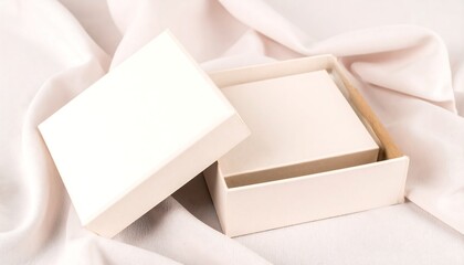 Open Rigid Gift Box on Folded Fabric with Blank Panels in Soft Lighting