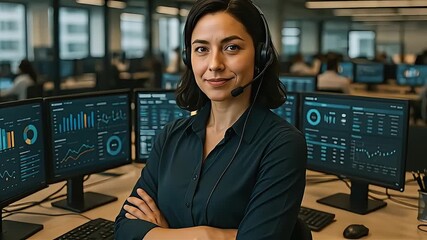 Confident Female Professional with Headset and Data Screens in Modern Office Environment - Powered by Adobe