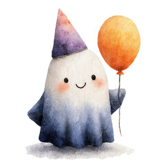 Cute Ghost with Balloon Halloween Clipart | Watercolor Kawaii PNG