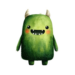 Cute Fluffy Green Monster Halloween Clipart | Watercolor Kawaii PNG
