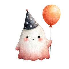 Cute Ghost with Witch Hat and Balloon | Halloween Kawaii Clipart PNG