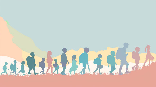 World Day Against Child Labour banner, symbolic children silhouette, muted pastel colors, minimal vector infographic style