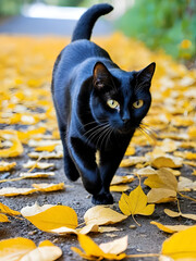 Gato caminando que se desintegra en hojas