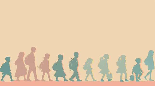 World Day Against Child Labour banner, symbolic children silhouette, muted pastel colors, minimal vector infographic style