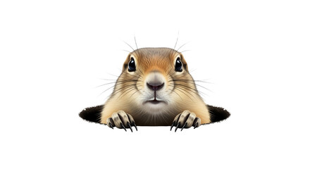 Adorable prairie dog emerging from its burrow, exhibiting curiousity and charm against a clean, minimalist white backdrop enhancing its playful