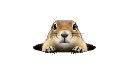 Adorable prairie dog emerging from its burrow, exhibiting curiousity and charm against a clean, minimalist white backdrop enhancing its playful