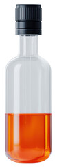 Transparent glass bottle with black cap containing orange liquid