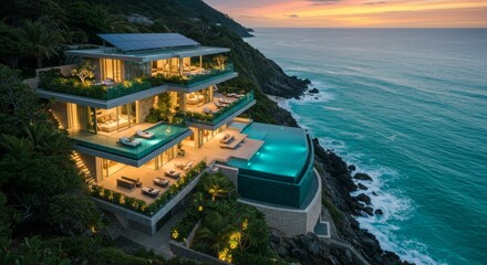 Luxurious villa overlooking the ocean at sunset