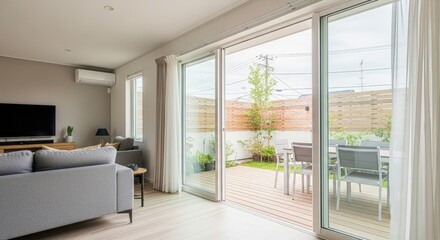 Fototapeta premium Interior view of a modern living room with a comfortable sofa and large sliding glass doors opening to a small backyard patio with outdoor seating