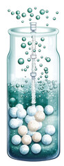 glass container with bubbling liquid and white spheres, illustrating chemical reaction