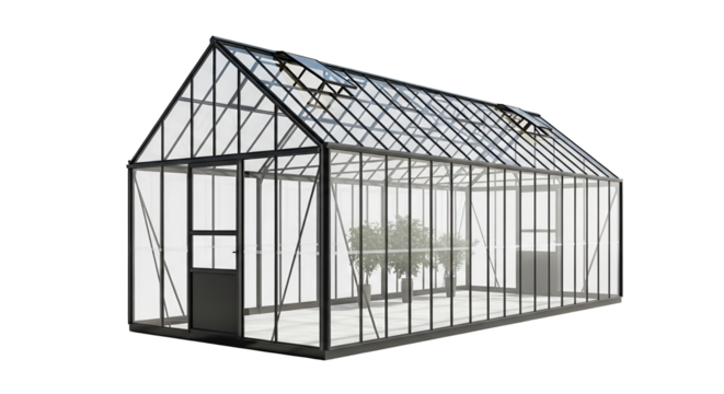 Architectural greenhouse structure with reflective glass panes and dark metal frame enhancing gardening possibilities, inviting nature inside with