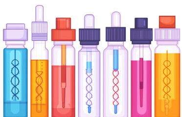 Colorful laboratory test tubes with DNA helix and droppers, isolated on white