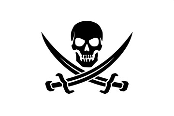 Obraz premium Black pirate skull with crossed swords, a classic Jolly Roger symbol. Isolated vector graphic icon for maritime and adventure themes