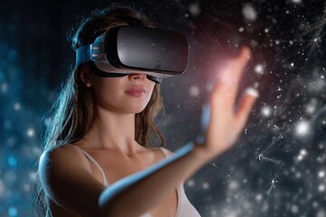 Woman wearing virtual reality headset interacting with network data visualization in cyberspace
