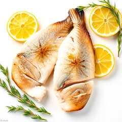 Fresh Kingfish Steaks with Bright Yellow Lemon Slice on White Background for Seafood Culinary Presentation