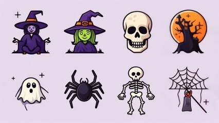 Eight Whimsical Halloween Cartoon Icons Featuring Witches, Skull, Ghost, Spider, Skeleton, and Haunted Tree