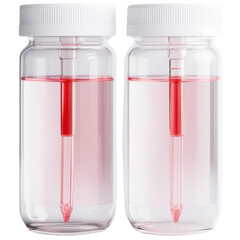 Two transparent laboratory bottles with red liquid and white caps