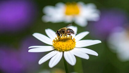 Bee on a daisy, blurred background