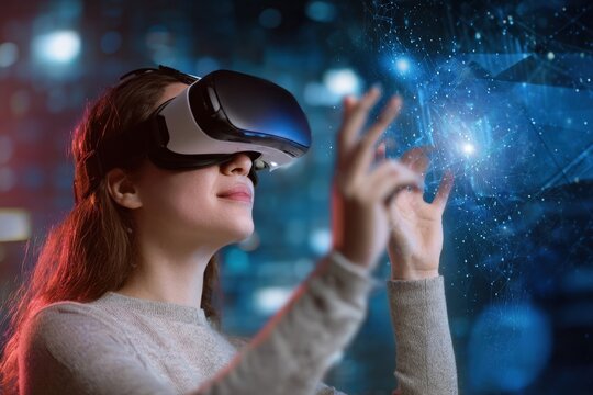 Businesswoman wearing virtual reality headset interacting with network connection in futuristic office - Powered by Adobe