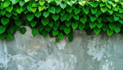 Lush green heart-shaped leaves cascade over a rustic textured concrete wall creating natural beauty