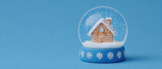 Gingerbread house snow globe with blue base, festive winter holiday decoration concept for seasonal branding and advertising
