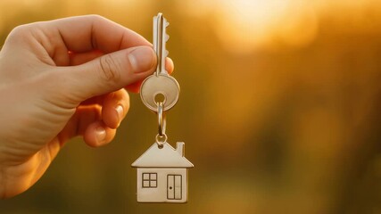 Close-up shot of a hand holding a house keychain against a warm, blurred sunset background, perfect for a real estate video concept. Live desktop wallpaper. - Powered by Adobe