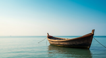 Dreamy and tranquil scene of a solitary wooden boat resting on the serene blue ocean on a sunny day