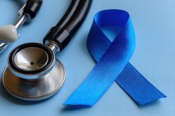 Blue ribbon and stethoscope are laying on blue background, representing colon cancer awareness and medical support