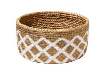 Round, light beige basket with white diamond pattern