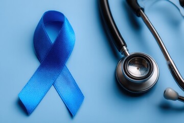 Stethoscope and blue ribbon lying on a vibrant blue background, representing prostate cancer awareness and the importance of men's health