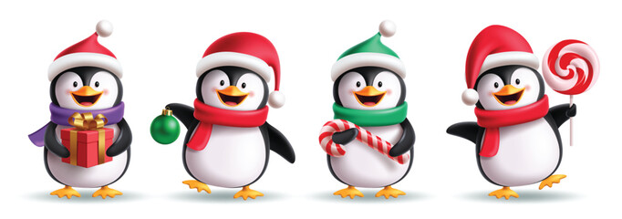Christmas Penguin characters clipart set. Cute Penguin clip art character collection with funny, happy and jolly faces for Christmas season cartoon elements design vector illustration.
