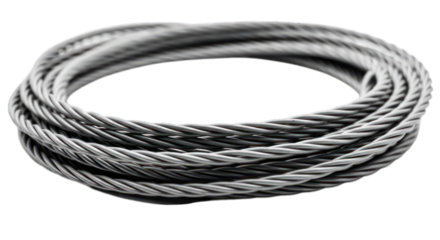 Coiled, shiny metal cable or rope in a loose circular shape, isolated