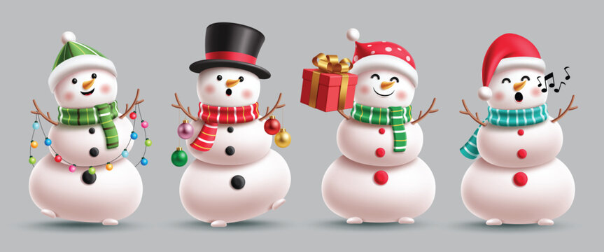 Christmas snowman characters clipart set. Snow man character in funny, cute, happy and jolly faces clip art design wearing hat and scarf elements for holiday season cartoon collection vector  - Powered by Adobe