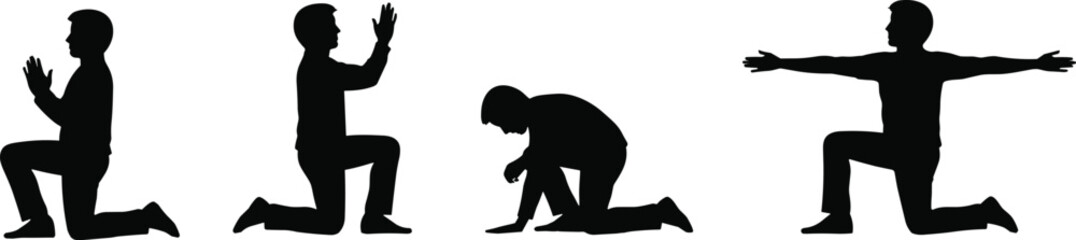 Silhouettes of Man Performing Various Yoga and Meditation Poses – Kneeling, Praying, Bowing, and Stretching Exercise Vector Illustration