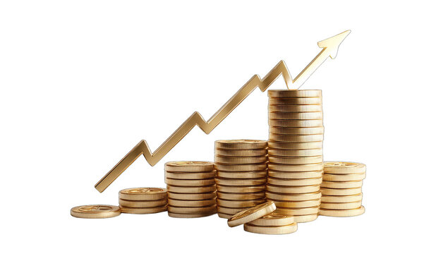 Gold coins stacked in rising columns with a gold upward arrow