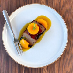 pork belly confit with peach gel