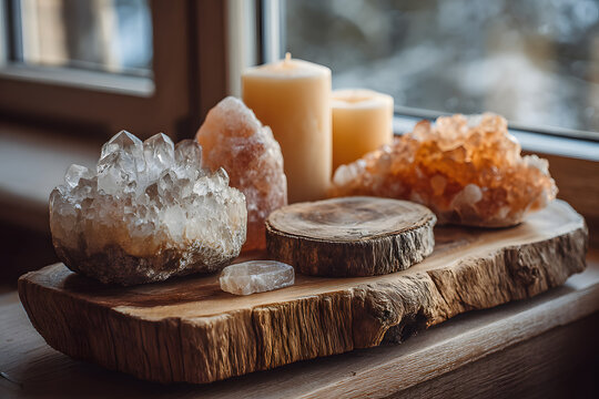 Feng Shui nature theme altar at home table and on widow sill. Earth element( rck crystal clusters), woodelement( wood discs), fireelement( candles), rock sat candle holder. Positive ome energy.