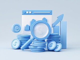 Light-blue 3D graphic of financial data.  Web browser, magnifying glass, coins, and charts depicting growth