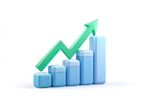3D graphic of a rising bar graph with a bright green arrow