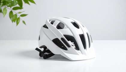 Fototapeta premium Sleek White Bicycle Helmet with Subtle Green Background: Product Photography