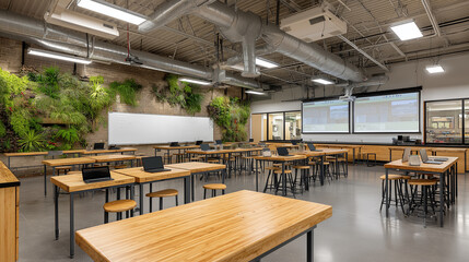 Fototapeta premium Modern classroom laptop table chair whiteboard TV desk education empty indoor interior.