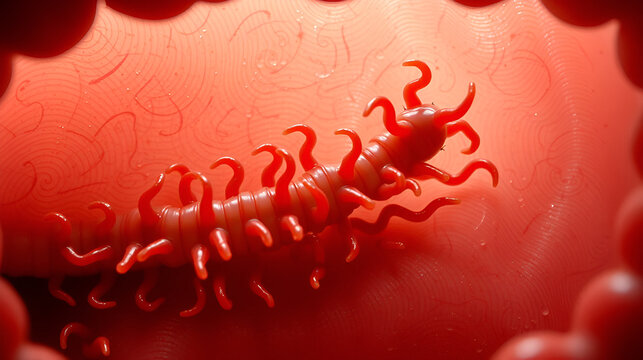 A small section of the intestinal lining is filled with numerous hookworms each with sharp hooklike mouths used to latch onto their