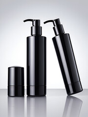 Elegant black pump bottle for cosmetic products.